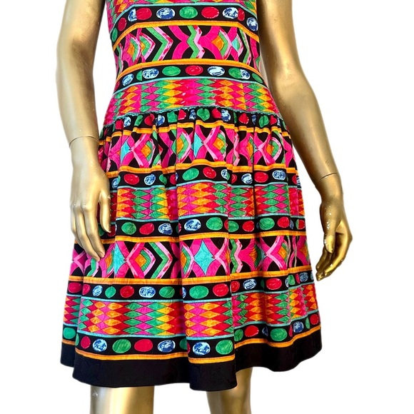 VINTAGE A.J. BARI BRIGHT MULTI-COLOR LACE-UP BACK STRAPLESS FIT & FLARE DRESS 6 - Picture 4 of 8